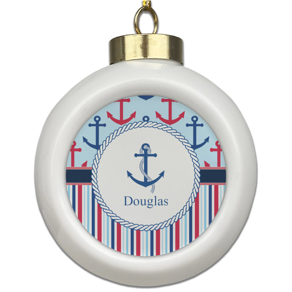 Custom Anchors & Stripes Ceramic Ball Ornament (Personalized)