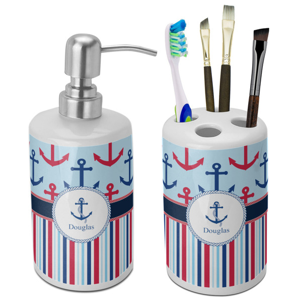 Custom Anchors & Stripes Ceramic Bathroom Accessories Set (Personalized)