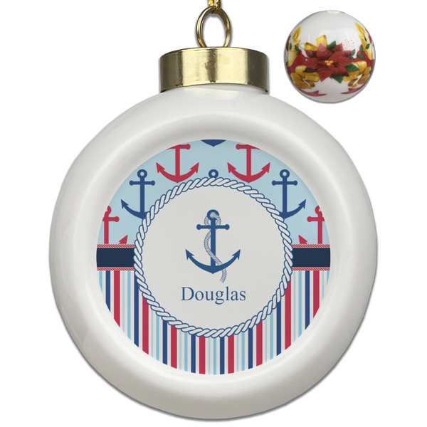 Custom Anchors & Stripes Ceramic Ball Ornaments - Poinsettia Garland (Personalized)
