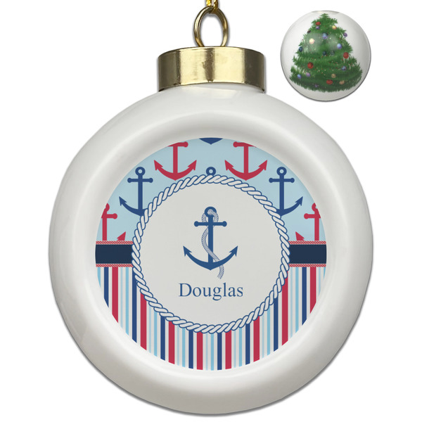 Custom Anchors & Stripes Ceramic Ball Ornament - Christmas Tree (Personalized)
