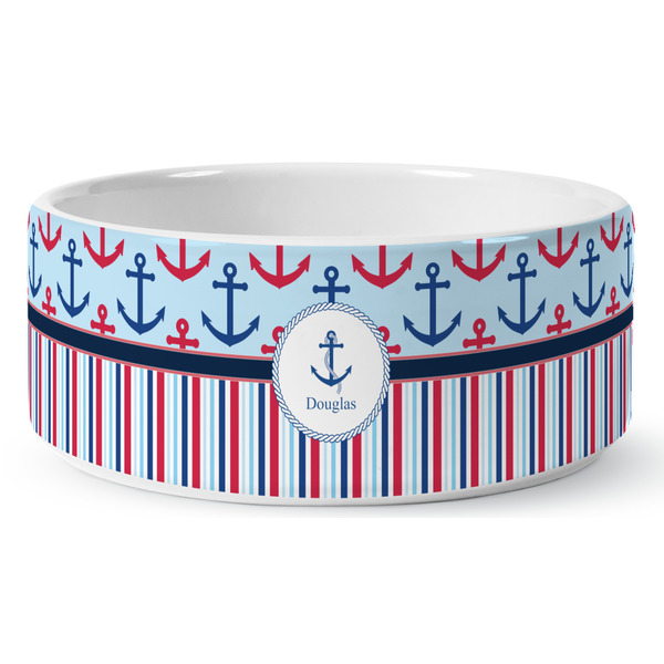 Anchors & Stripes Ceramic Dog Bowl - Medium - Front