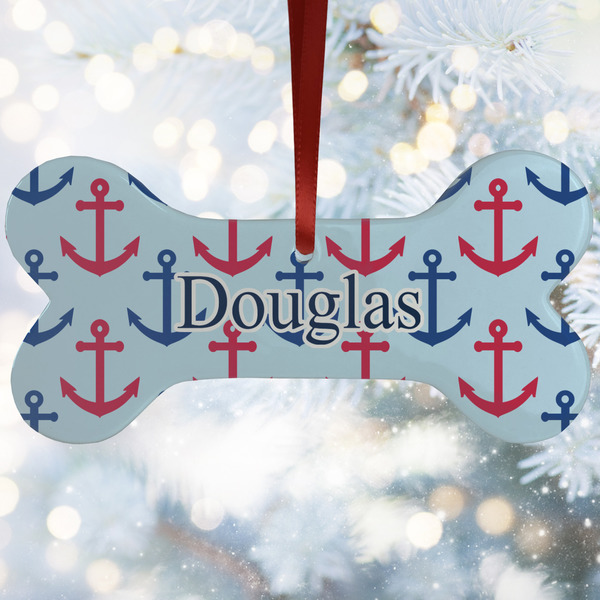 Custom Anchors & Stripes Ceramic Dog Ornament w/ Name or Text