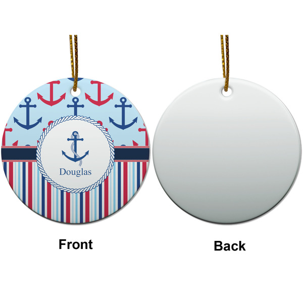 Anchors & Stripes Ceramic Flat Ornament - Circle Front & Back (APPROVAL)