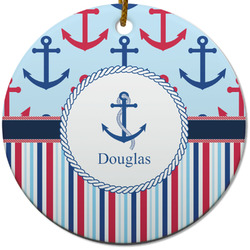Anchors & Stripes Round Ceramic Ornament w/ Name or Text