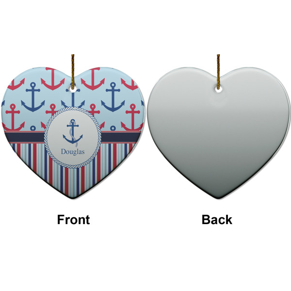 Anchors & Stripes Ceramic Flat Ornament - Heart Front & Back (APPROVAL)