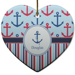 Anchors & Stripes Heart Ceramic Ornament w/ Name or Text