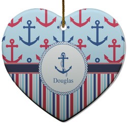 Anchors & Stripes Heart Ceramic Ornament w/ Name or Text