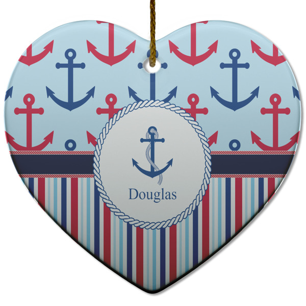 Anchors & Stripes Ceramic Flat Ornament - Heart (Front)