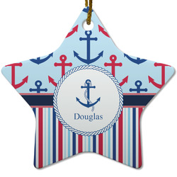 Anchors & Stripes Star Ceramic Ornament w/ Name or Text