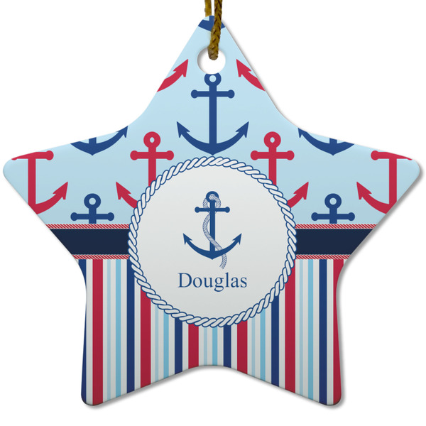 Anchors & Stripes Ceramic Flat Ornament - Star (Front)