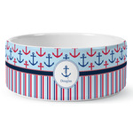 Anchors & Stripes Ceramic Dog Bowl - Medium (Personalized)