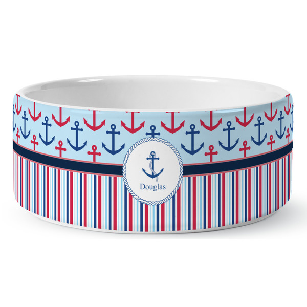 Custom Anchors & Stripes Ceramic Dog Bowl - Large (Personalized)