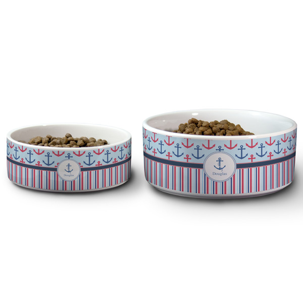 Anchors & Stripes Ceramic Dog Bowls - Size Comparison