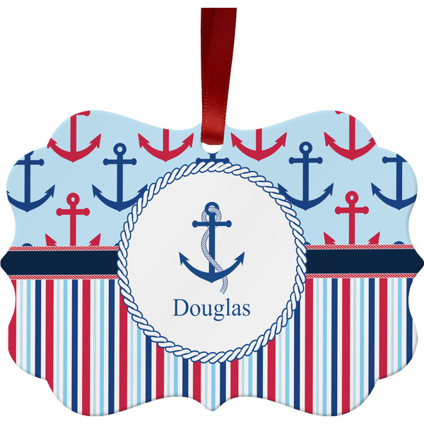 Custom Anchors & Stripes Metal Frame Ornament - Double Sided w/ Name or Text