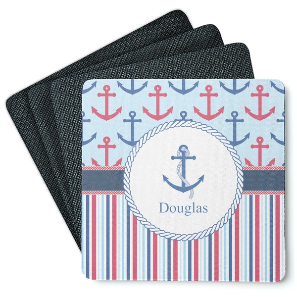Custom Anchors & Stripes Square Rubber Backed Coasters - Set of 4 (Personalized)