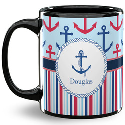 Anchors & Stripes 11 Oz Coffee Mug - Black (Personalized)