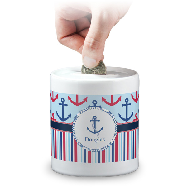 Custom Anchors & Stripes Coin Bank (Personalized)