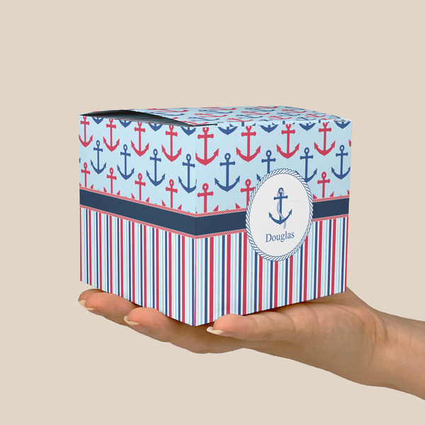 Anchors & Stripes Cube Favor Gift Box - On Hand - Scale View