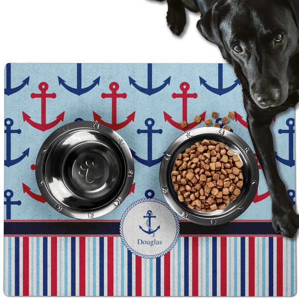 Custom Anchors & Stripes Dog Food Mat - Large w/ Name or Text