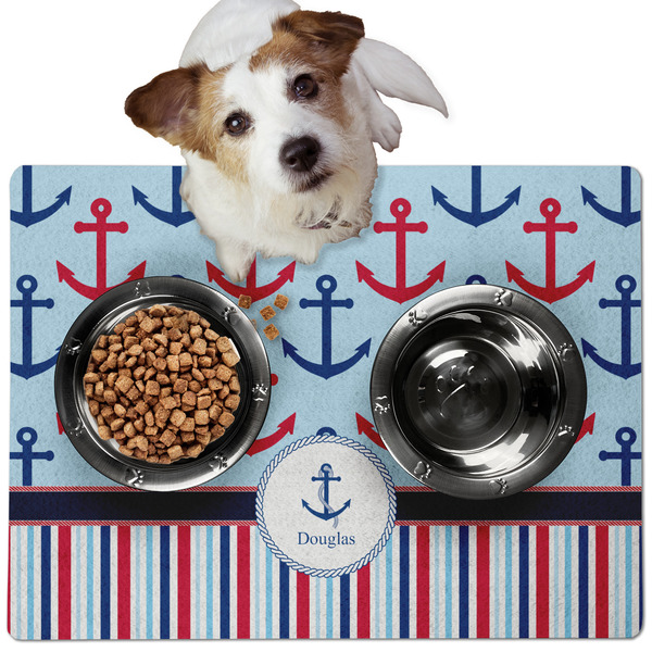 Custom Anchors & Stripes Dog Food Mat - Medium w/ Name or Text