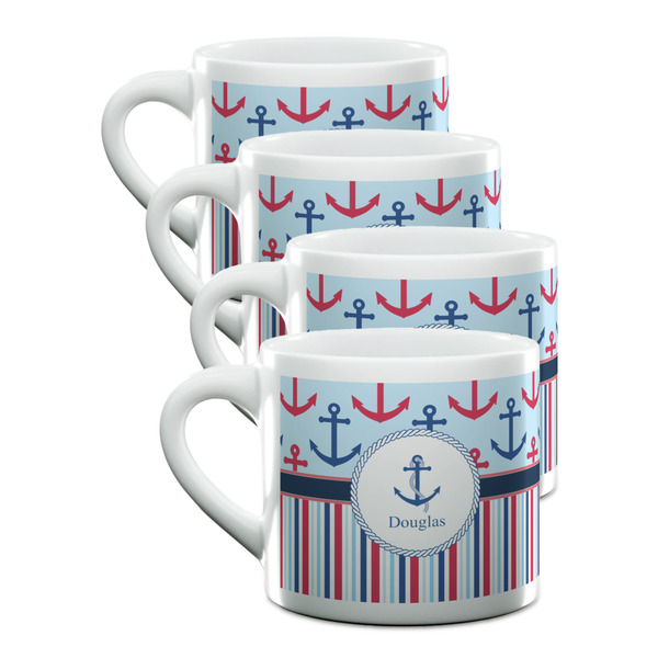 Custom Anchors & Stripes Double Shot Espresso Cups - Set of 4 (Personalized)