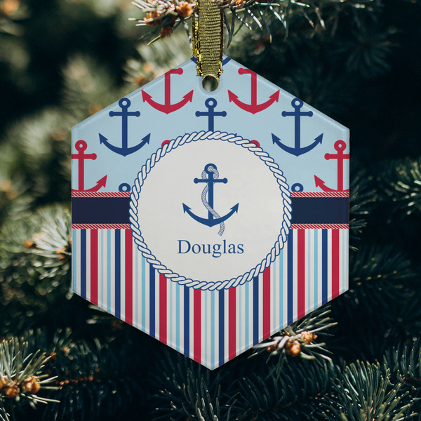 Anchors & Stripes Frosted Glass Ornament - Hexagon (Lifestyle)