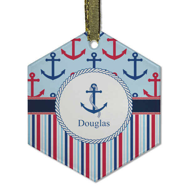 Custom Anchors & Stripes Flat Glass Ornament - Hexagon w/ Name or Text