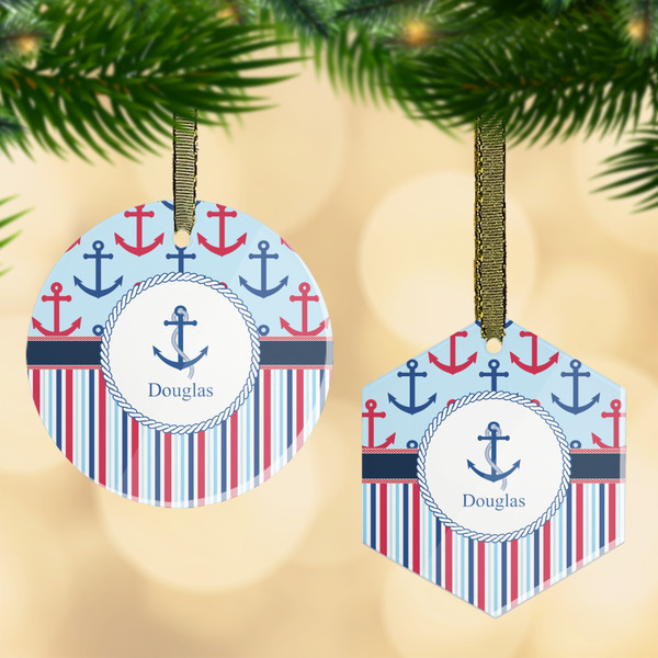 Custom Anchors & Stripes Flat Glass Ornament w/ Name or Text