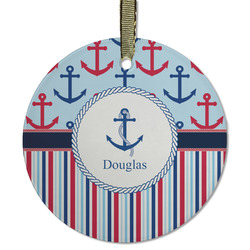 Anchors & Stripes Flat Glass Ornament - Round w/ Name or Text