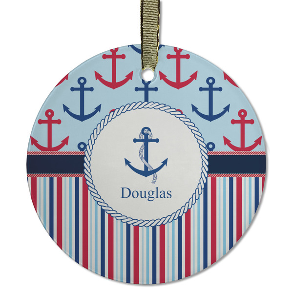 Custom Anchors & Stripes Flat Glass Ornament - Round w/ Name or Text