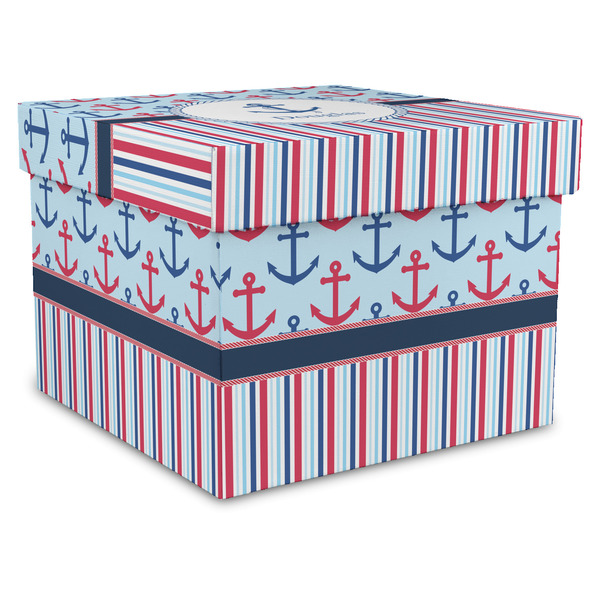 Custom Anchors & Stripes Gift Box with Lid - Canvas Wrapped - X-Large (Personalized)