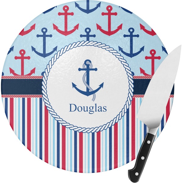Custom Anchors & Stripes Round Glass Cutting Board (Personalized)