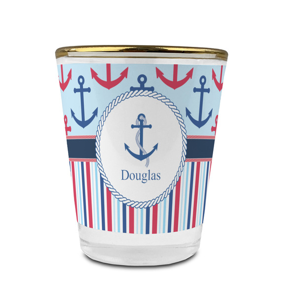 Custom Anchors & Stripes Glass Shot Glass - 1.5 oz - with Gold Rim - Single (Personalized)