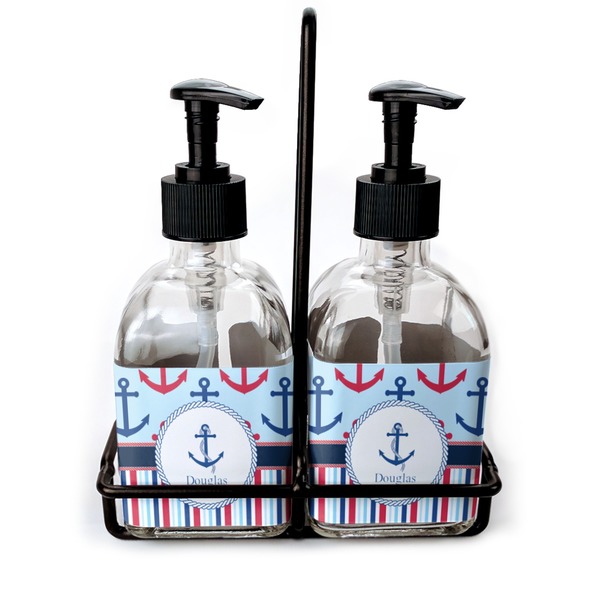Custom Anchors & Stripes Glass Soap & Lotion Bottle Set (Personalized)