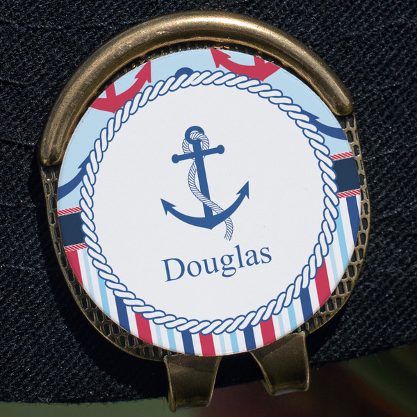 Anchors & Stripes Golf Ball Marker Hat Clip - Gold - Close Up