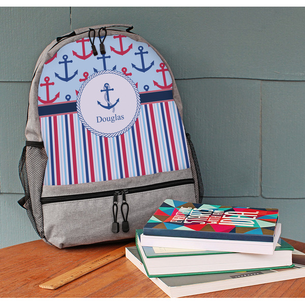 Anchors & Stripes Large Backpack - Gray - On Desk
