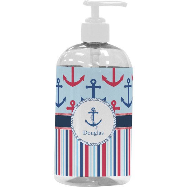 Custom Anchors & Stripes Plastic Soap / Lotion Dispenser (16 oz - Large - White) (Personalized)