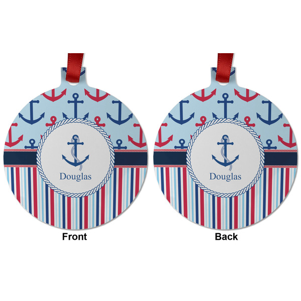 Anchors & Stripes Metal Ball Ornament - Front and Back