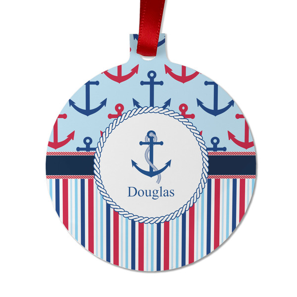 Custom Anchors & Stripes Metal Ball Ornament - Double Sided w/ Name or Text