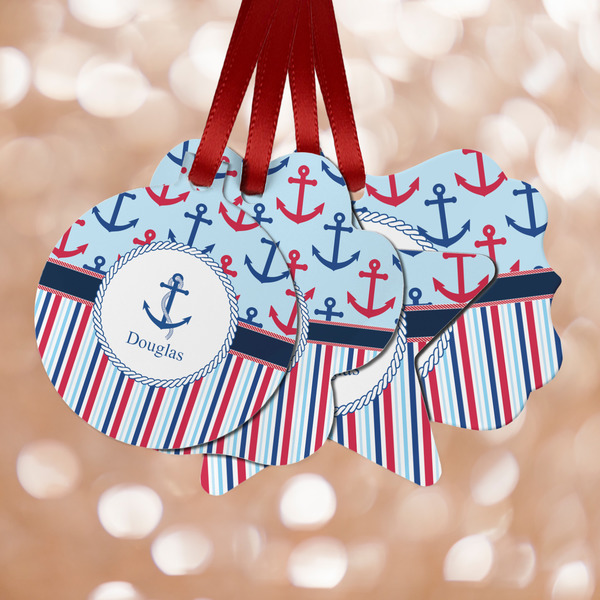 Custom Anchors & Stripes Metal Ornaments - Double Sided w/ Name or Text