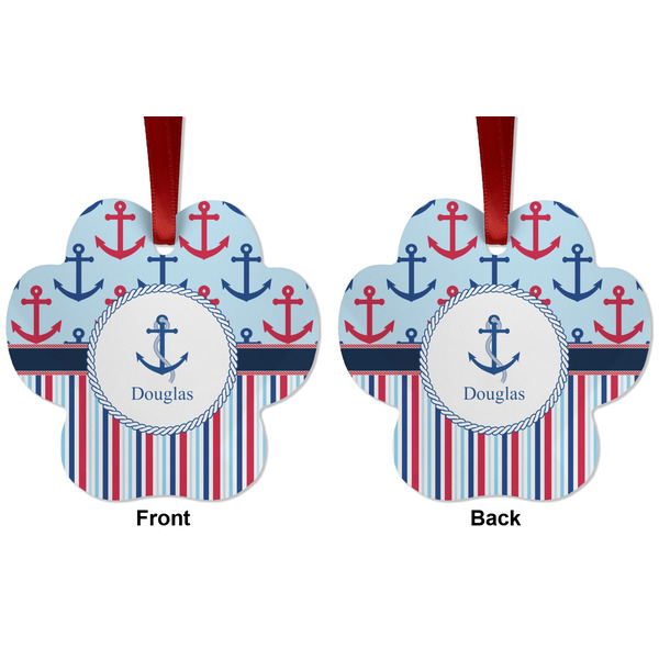 Anchors & Stripes Metal Paw Ornament - Front and Back