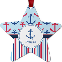 Anchors & Stripes Metal Star Ornament - Double Sided w/ Name or Text