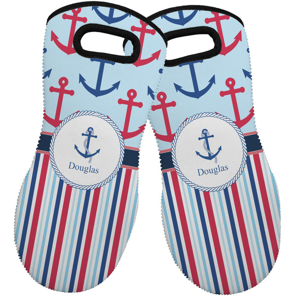 Custom Anchors & Stripes Neoprene Oven Mitts - Set of 2 w/ Name or Text
