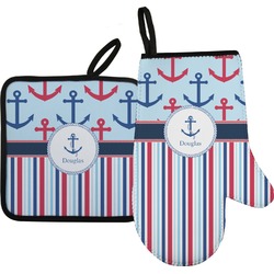 Anchors & Stripes Right Oven Mitt & Pot Holder Set w/ Name or Text