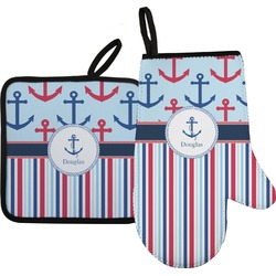 Anchors & Stripes Oven Mitt & Pot Holder Set w/ Name or Text