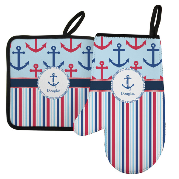 Custom Anchors & Stripes Left Oven Mitt & Pot Holder Set w/ Name or Text