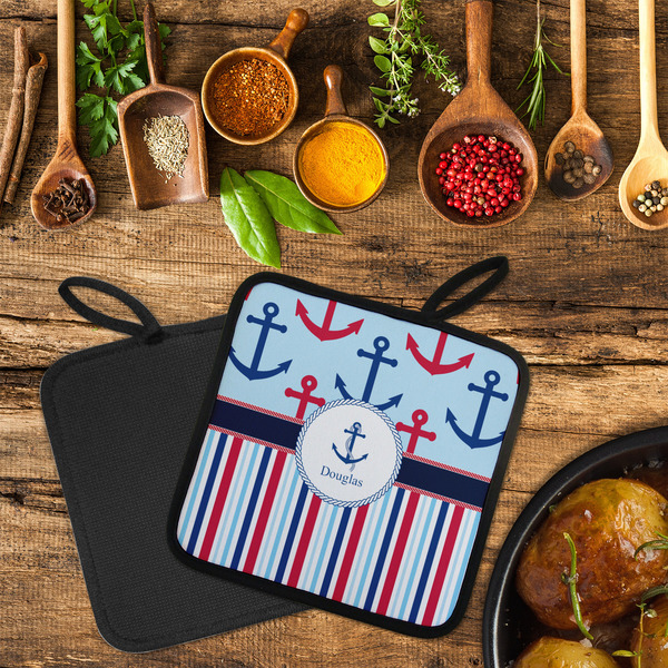 Anchors & Stripes Neoprene Pot Holder - Set of 2  LIFESTYLE (Flatlay)