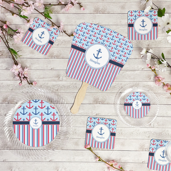 Anchors & Stripes Party Supplies Combination Image - All items - Plates, Coasters, Fans