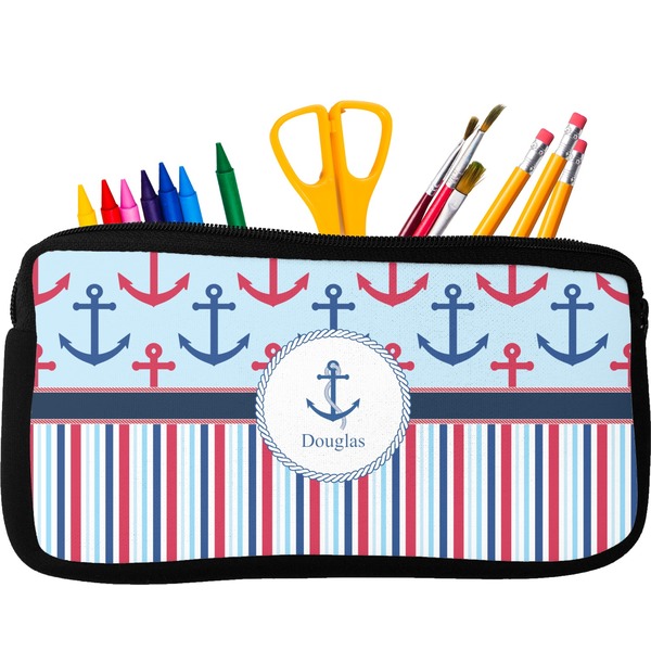 Custom Anchors & Stripes Neoprene Pencil Case - Small w/ Name or Text