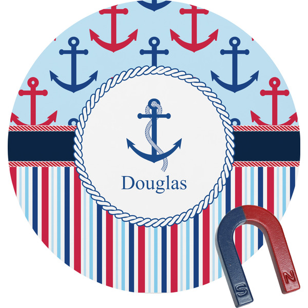 Custom Anchors & Stripes Round Fridge Magnet (Personalized)